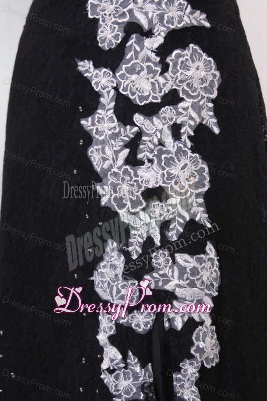 Black Off The Shoulder Appliques High Slit Cap Sleeves Prom Dress