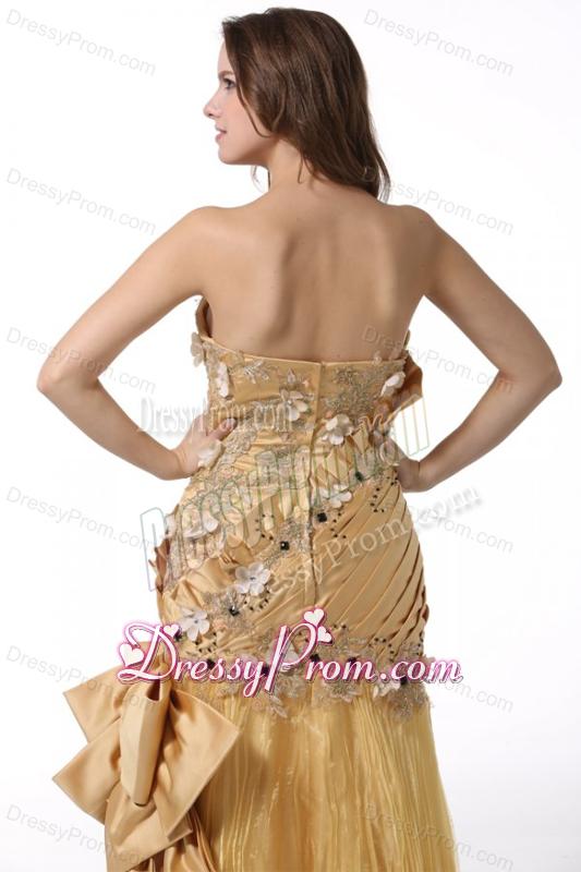 Bowknot Unique Sweetheart Gold Prom Dress with Beading and Flowers