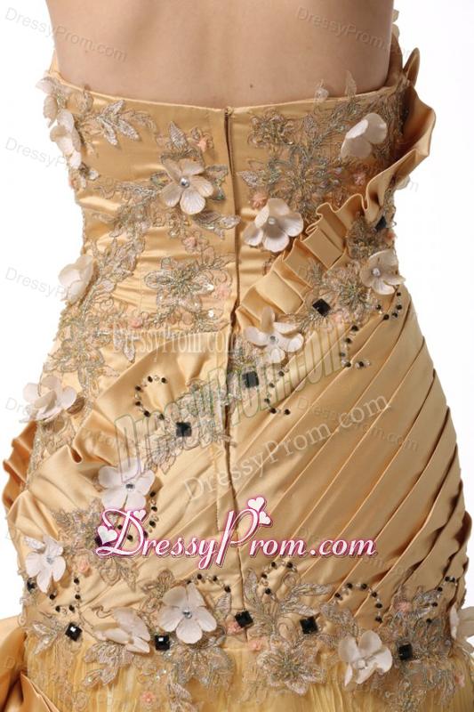 Bowknot Unique Sweetheart Gold Prom Dress with Beading and Flowers