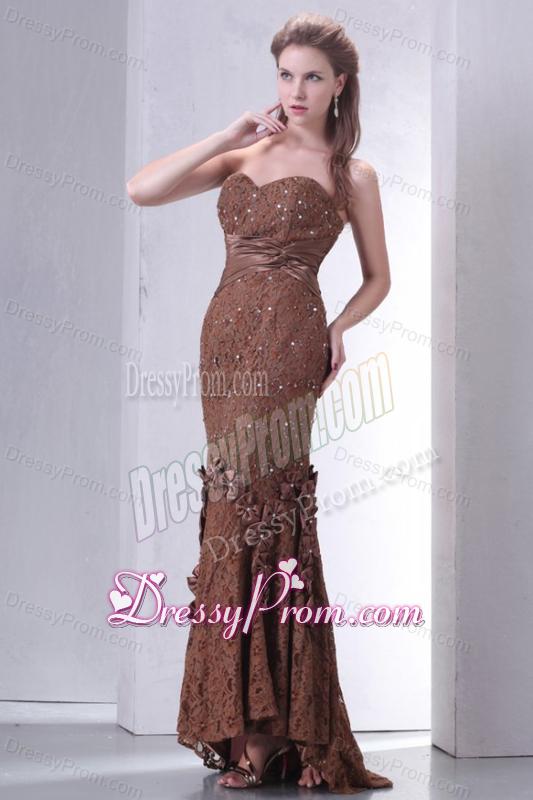 Brown Mermaid Sweetheart Prom Dress with Lace and Flowers