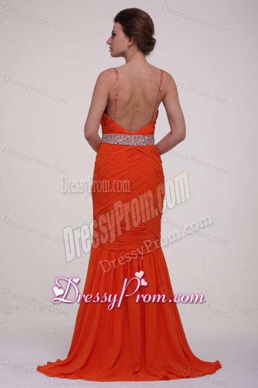 Brush Train Orange Red Spaghetti Straps Prom Dress with Beading