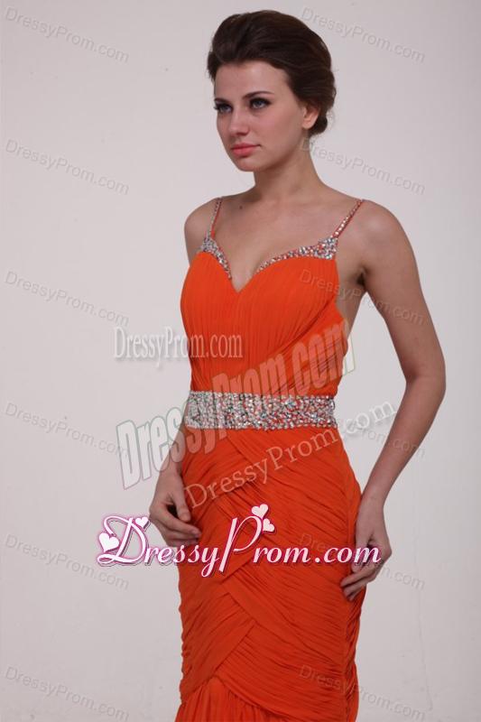 Brush Train Orange Red Spaghetti Straps Prom Dress with Beading