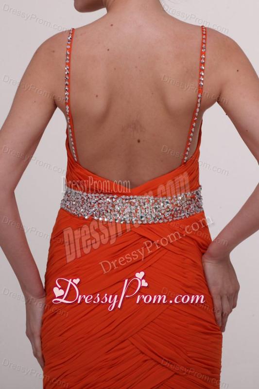 Brush Train Orange Red Spaghetti Straps Prom Dress with Beading