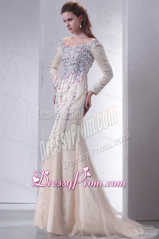 Champagne Off The Shoulder Column Beading Prom Dress with Long Sleeves