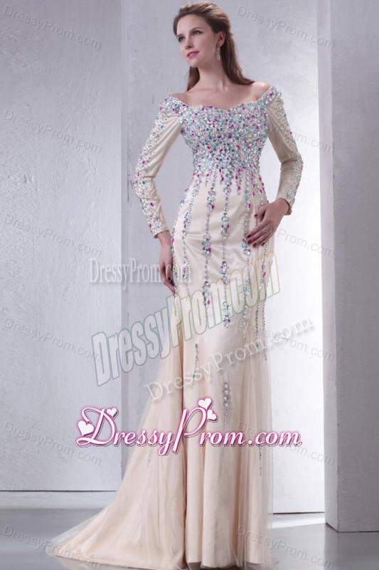 Champagne Off The Shoulder Column Beading Prom Dress with Long Sleeves