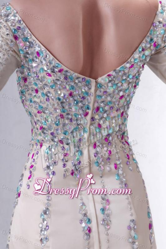 Champagne Off The Shoulder Column Beading Prom Dress with Long Sleeves