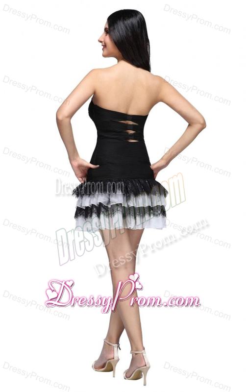 Column Black Strapless Ruching Ruffled Layers Mini-length Prom Dress