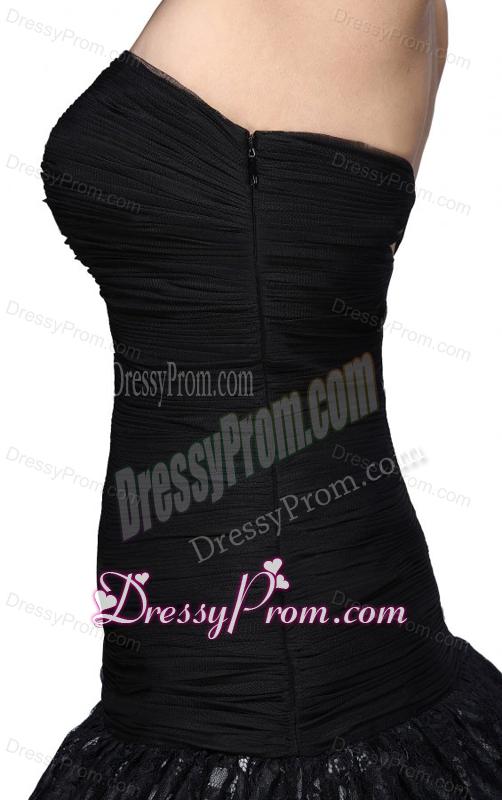 Column Black Strapless Ruching Ruffled Layers Mini-length Prom Dress