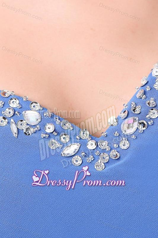 Column Blue One Shoulder Beading and Ruching High Slit Prom Dress