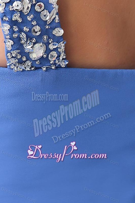 Column Blue One Shoulder Beading and Ruching High Slit Prom Dress