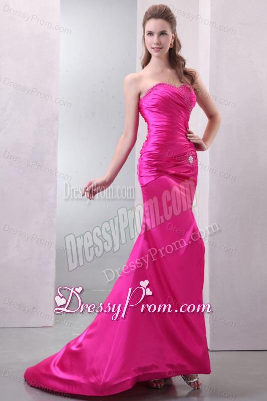 Column Hot Pink High Slit Sweetheart Beading and Ruching Prom Dress