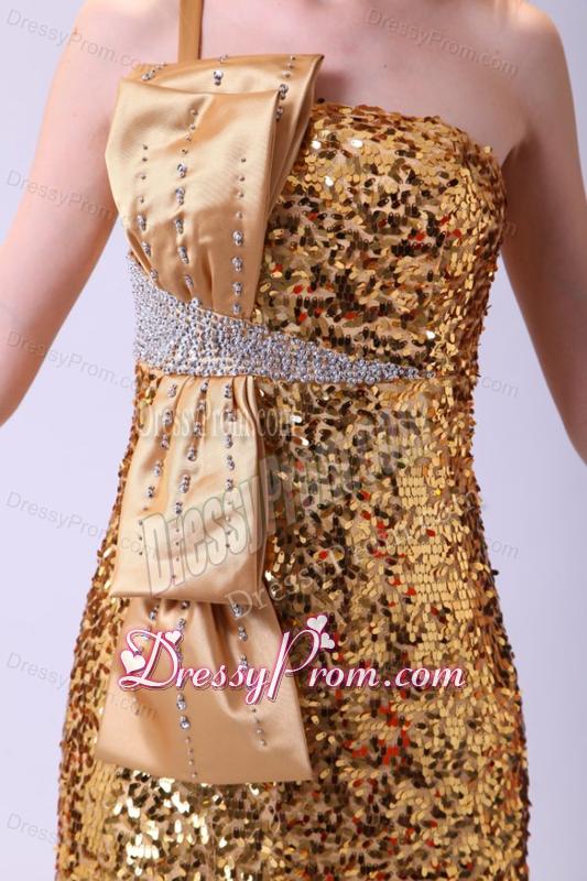 Column One Shoulder Floor-length Sequins God Bowknot Prom Dress