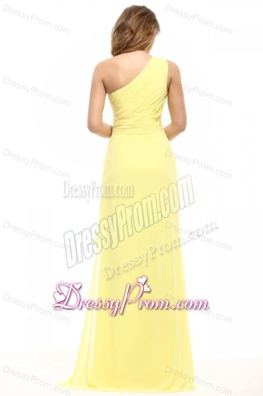 Column One Shoulder Light Yellow Appliques Ruching Prom Dress