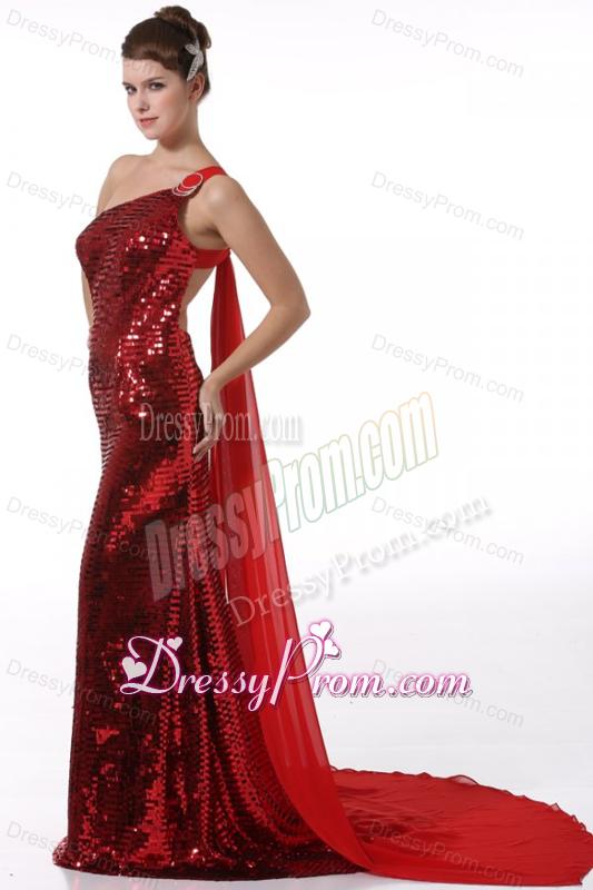 Column One Shoulder Wine Red Watteau Train Seuqin Prom Dress