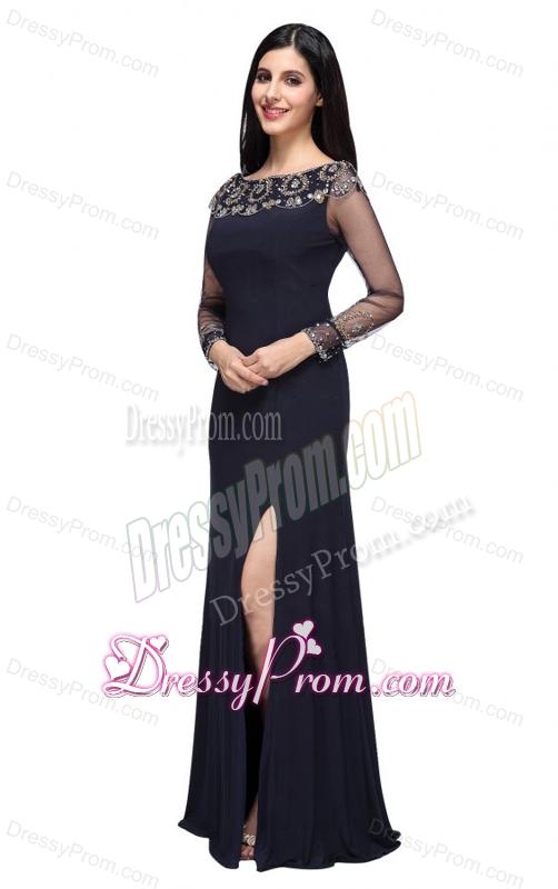 Column Scoop Navy Blue Long Sleeves High Slit Prom Dress