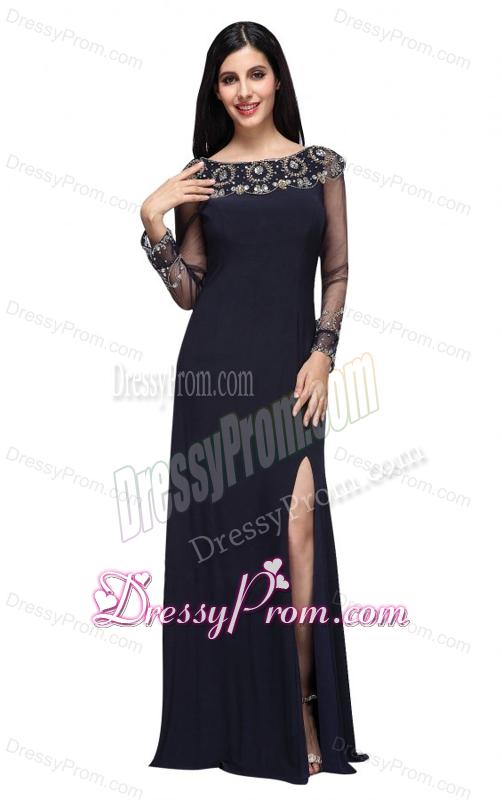 Column Scoop Navy Blue Long Sleeves High Slit Prom Dress
