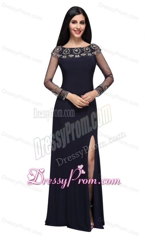 Column Scoop Navy Blue Long Sleeves High Slit Prom Dress
