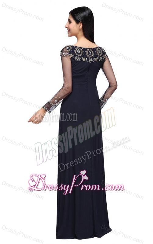 Column Scoop Navy Blue Long Sleeves High Slit Prom Dress