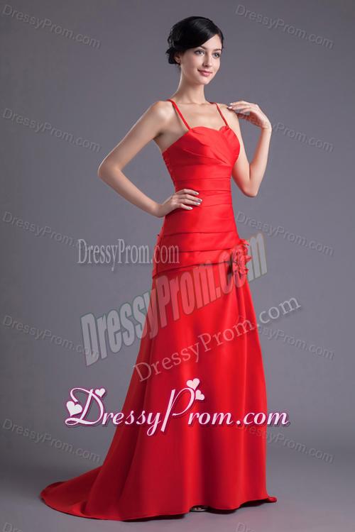 Column Spaghetti Straps Wine Red Ruching Hand Made Flower Brush Train Prom Dress
