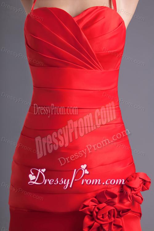 Column Spaghetti Straps Wine Red Ruching Hand Made Flower Brush Train Prom Dress