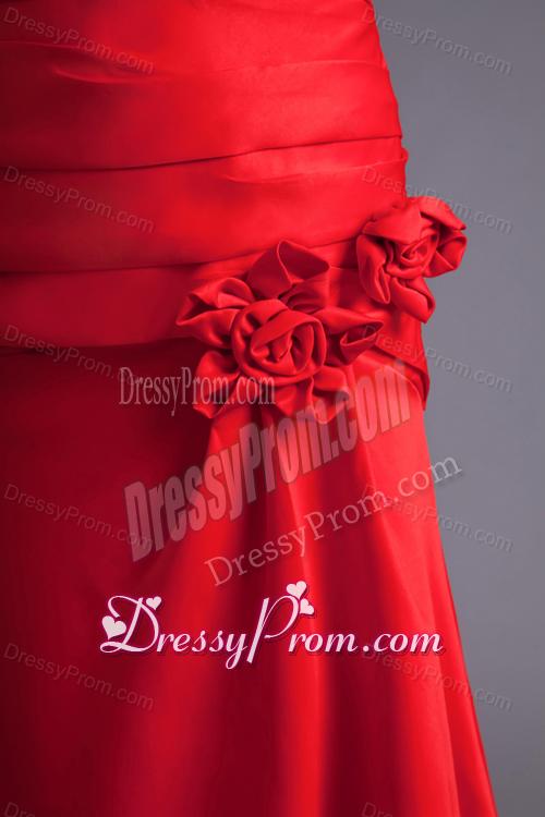 Column Spaghetti Straps Wine Red Ruching Hand Made Flower Brush Train Prom Dress