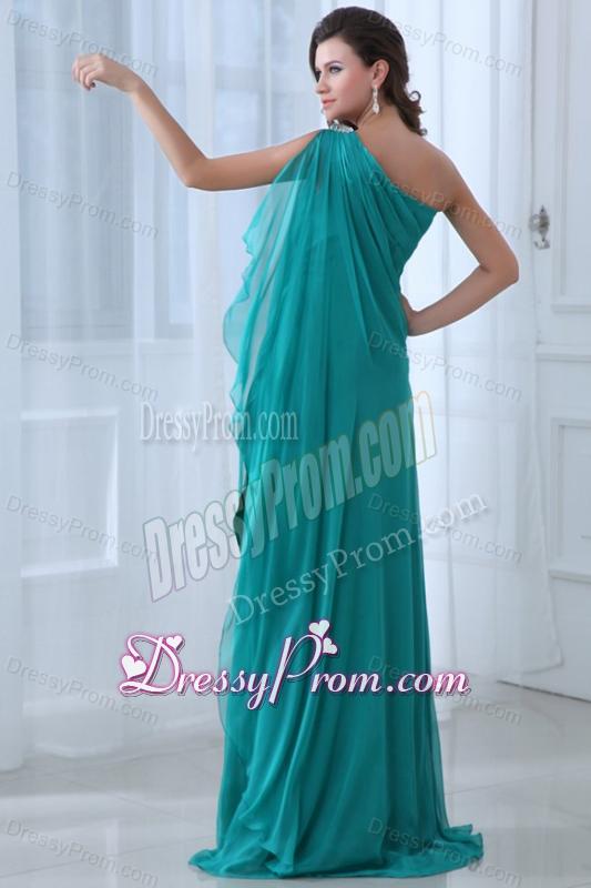 Column Turquoise One Shoulder Beading and Ruching Prom Dress