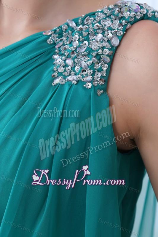 Column Turquoise One Shoulder Beading and Ruching Prom Dress