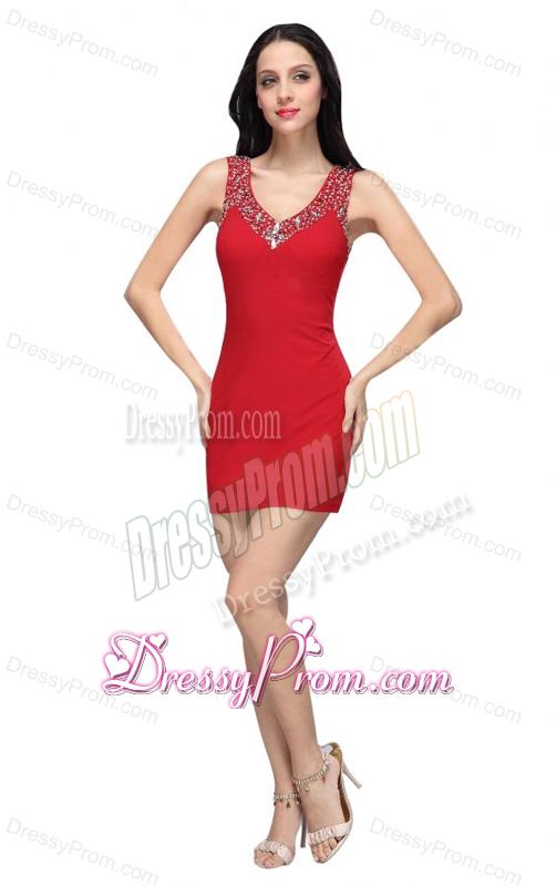 Column Wine Red Beading V-neck Mini-length Chiffon Prom Dress