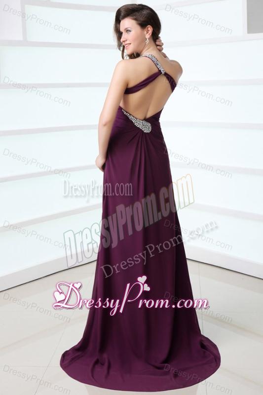 Dark Purple One Shoulder High Slit Beading and Ruching Chiffon Prom Dress