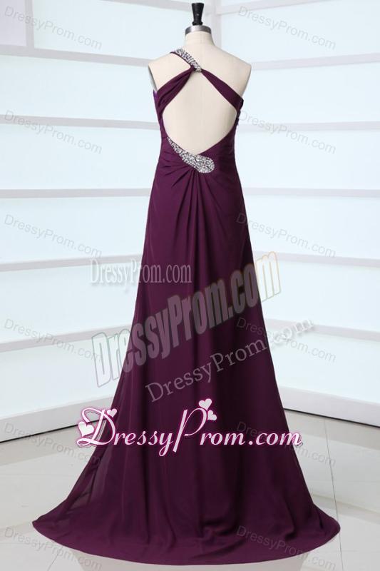 Dark Purple One Shoulder High Slit Beading and Ruching Chiffon Prom Dress