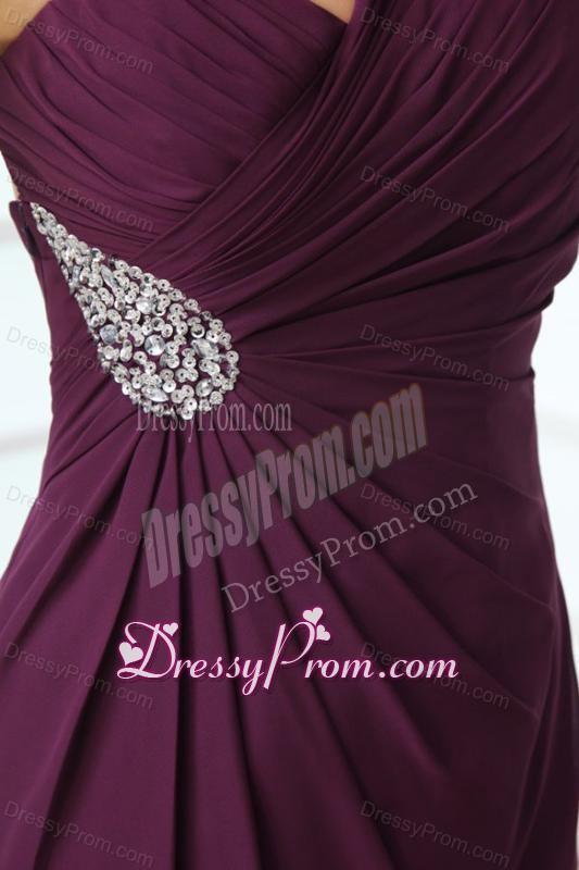 Dark Purple One Shoulder High Slit Beading and Ruching Chiffon Prom Dress