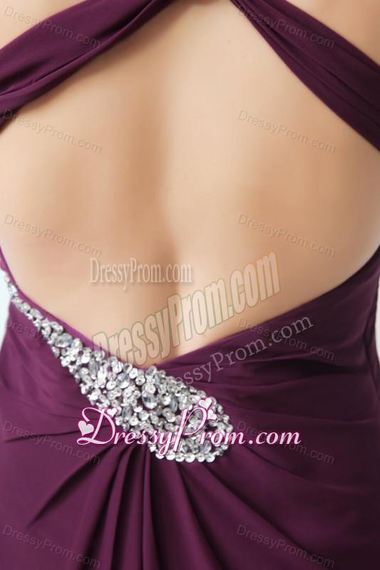 Dark Purple One Shoulder High Slit Beading and Ruching Chiffon Prom Dress