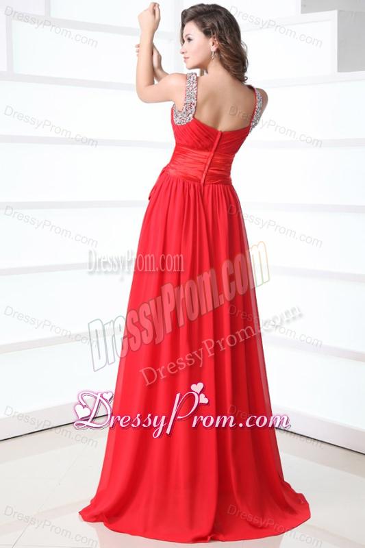 Elegant Column V-neck Red Brush Train Chiffon Prom Dress with Beading
