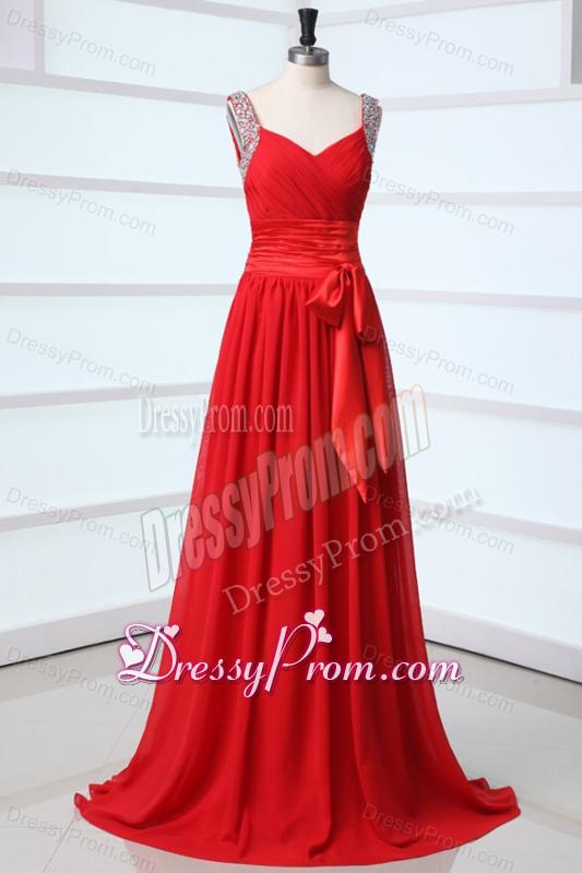 Elegant Column V-neck Red Brush Train Chiffon Prom Dress with Beading