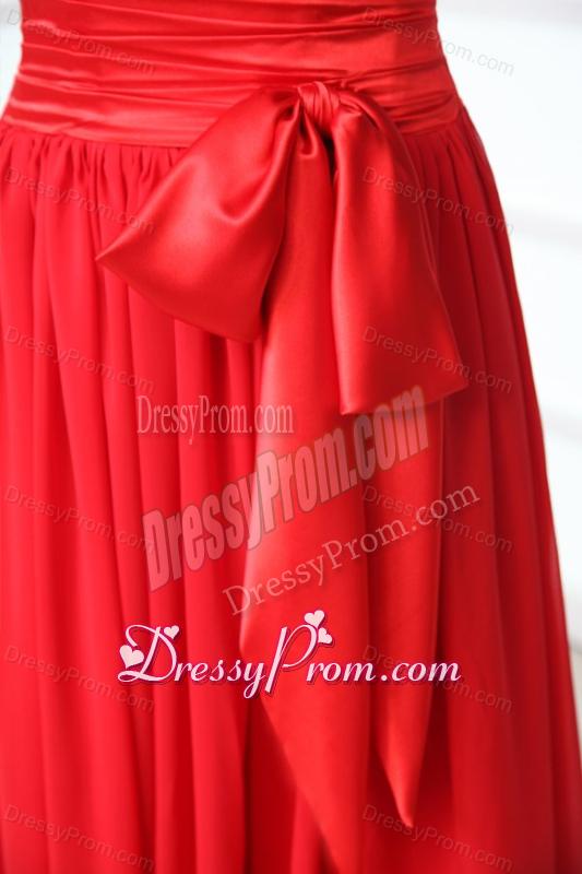Elegant Column V-neck Red Brush Train Chiffon Prom Dress with Beading