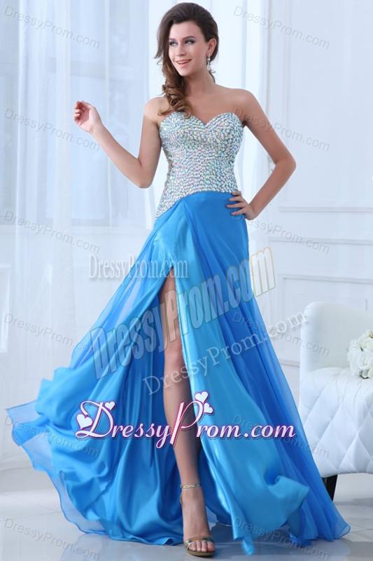Empire Blue Sweetheart Beading High Slit Chiffon Prom Dress