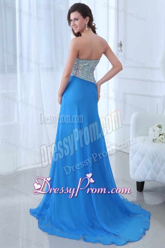 Empire Blue Sweetheart Beading High Slit Chiffon Prom Dress