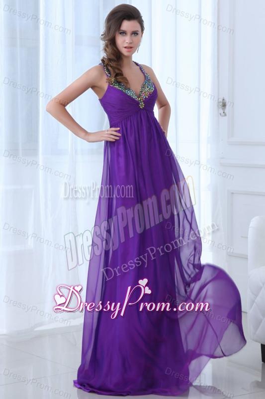 Empire Eggplant Purple Beading Straps Ruching Chiffon Prom Dress