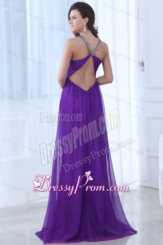 Empire Eggplant Purple Beading Straps Ruching Chiffon Prom Dress