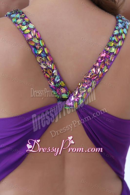 Empire Eggplant Purple Beading Straps Ruching Chiffon Prom Dress