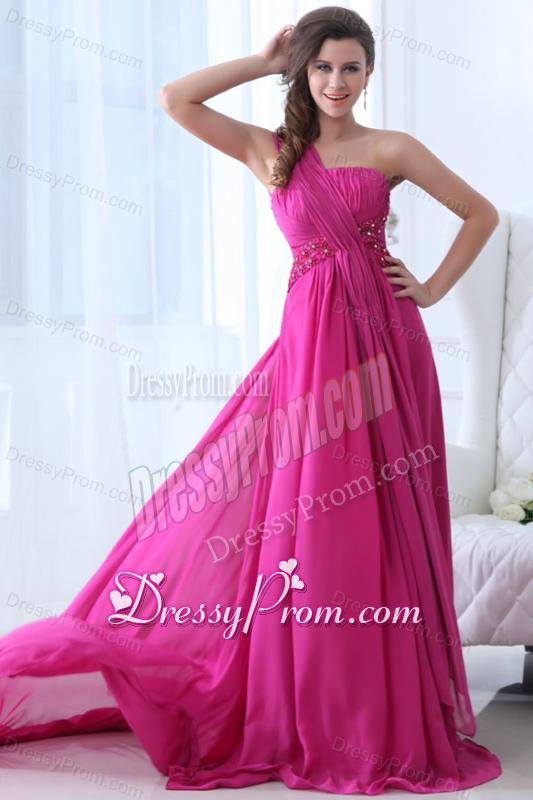 Empire Fuchsia Beading Ruching One Shoulder Prom Dress