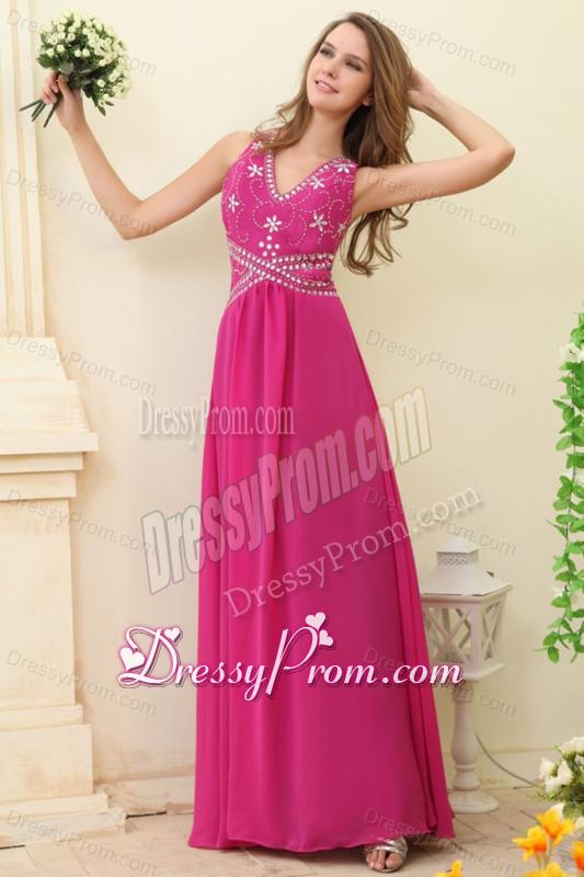Empire Hot Pink V-neck Beading Chiffon Prom Dress