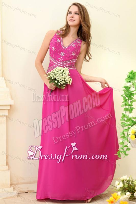 Empire Hot Pink V-neck Beading Chiffon Prom Dress