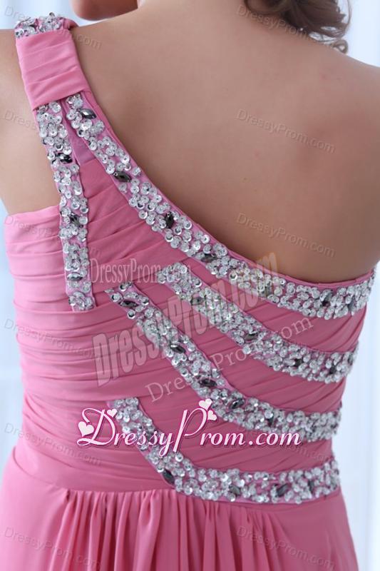 Empire One Shoulder Rose Pink Ruching Beading Chiffon Prom Dress