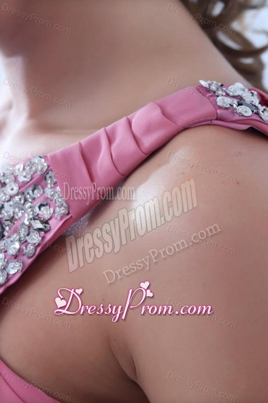 Empire One Shoulder Rose Pink Ruching Beading Chiffon Prom Dress