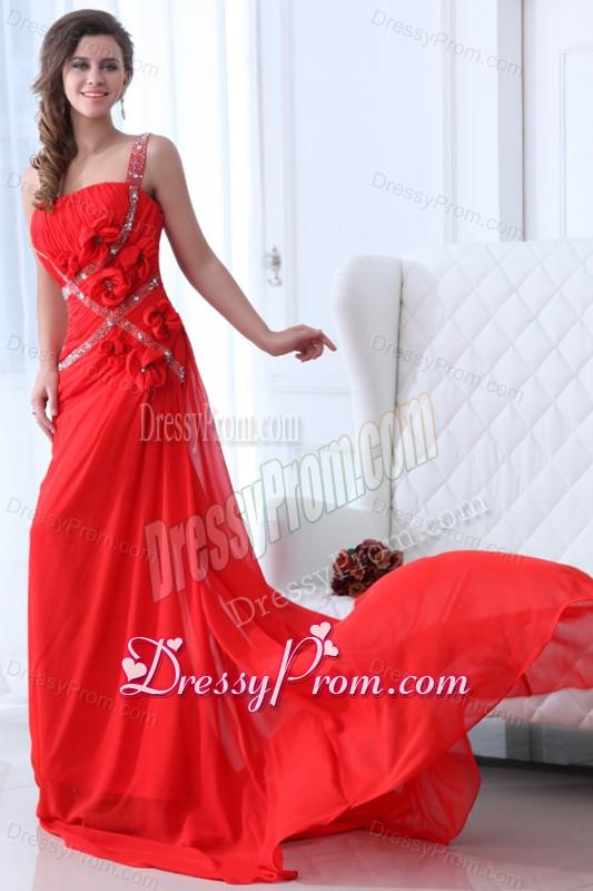 Empire Red One Shoulder Ruching Beading Chiffon Prom Dress