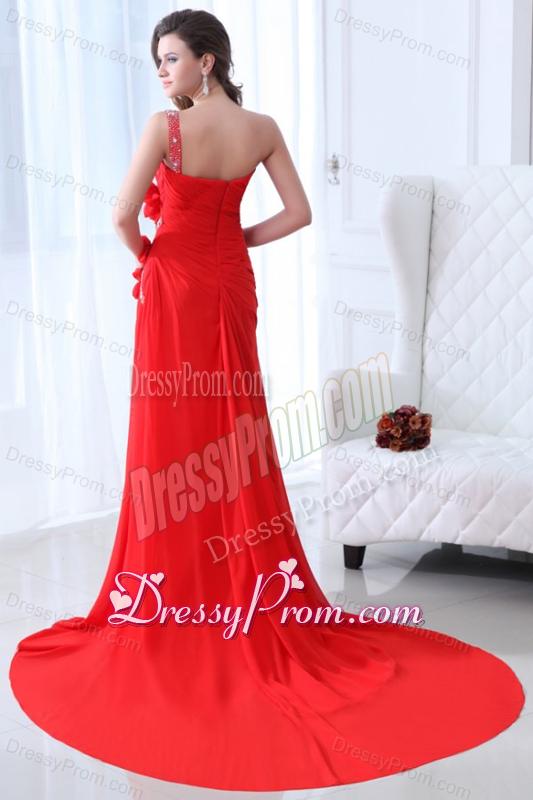 Empire Red One Shoulder Ruching Beading Chiffon Prom Dress