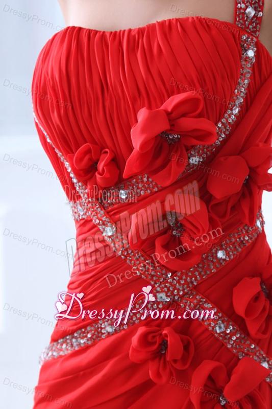 Empire Red One Shoulder Ruching Beading Chiffon Prom Dress