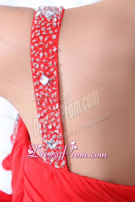 Empire Red One Shoulder Ruching Beading Chiffon Prom Dress