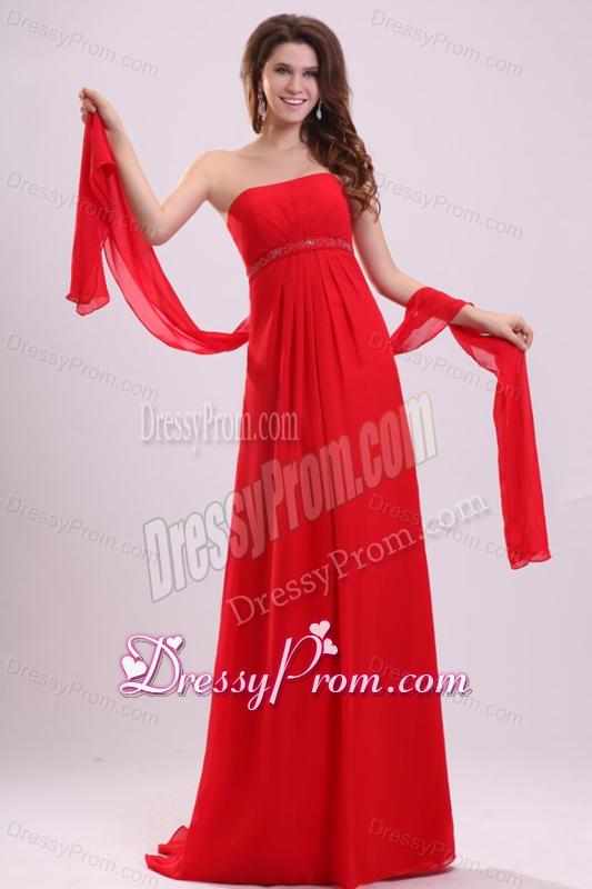Empire Red Strapless Beading and Ruching Chiffon Prom Dress